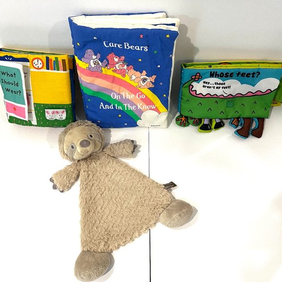 Care Bears, Melissa & Doug Cloth Books (3)&Demdaco Sebastian Sloth Rattle Lovey - Picture 1 of 3